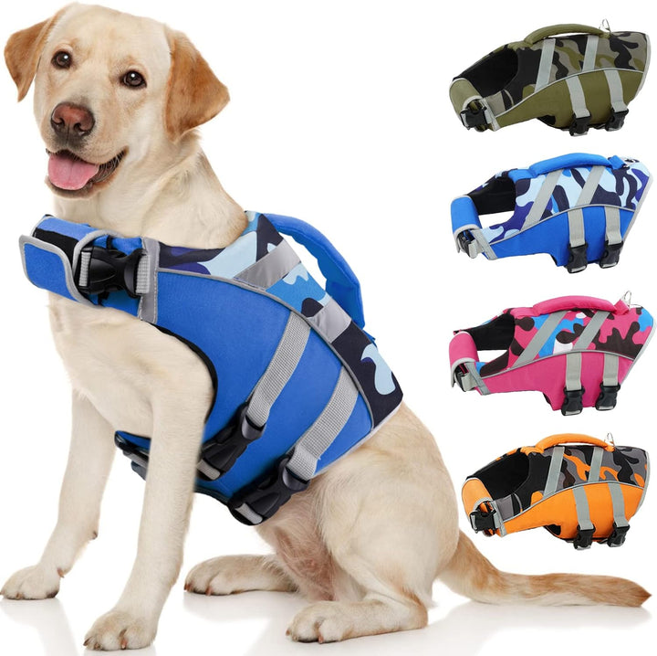 Dog Life Jacket with Reflective Stripes - Adjustable High Visibility Vest, Ripstop Lifesaver, Pet Preserver with High Flotation Swimsuit for Small, Medium and Large Dogs