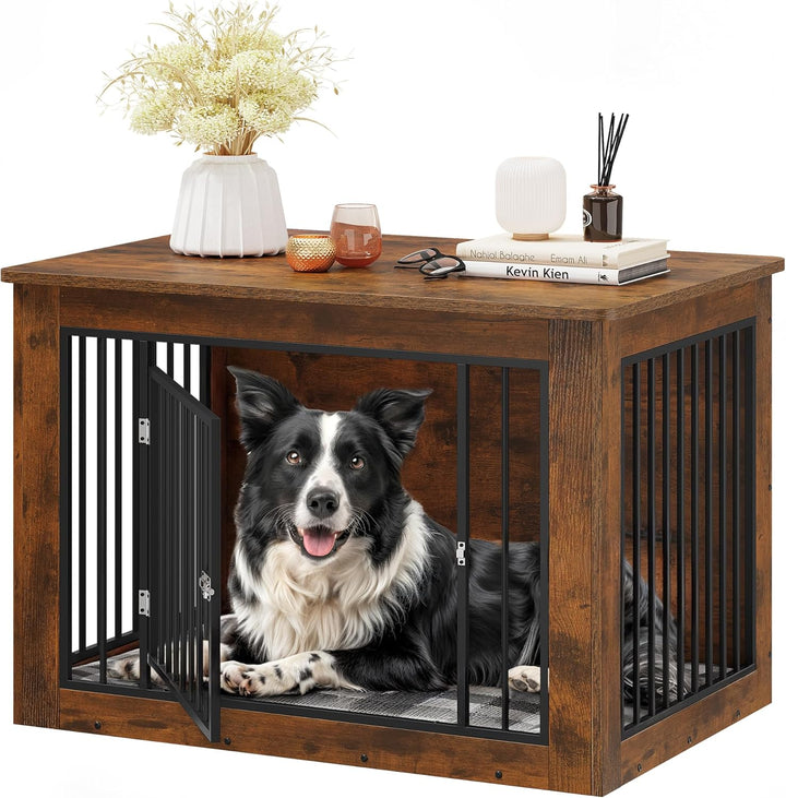 Dog Crate Furniture for Medium Dogs, Side End Table, Modern Dogs Kennel Indoor up to 35 Lb, 2-In-1 Iron-Wood Fusion Dog Cage with Waterproof Top, Safety Corners,Steel Lock,30" L,Greige