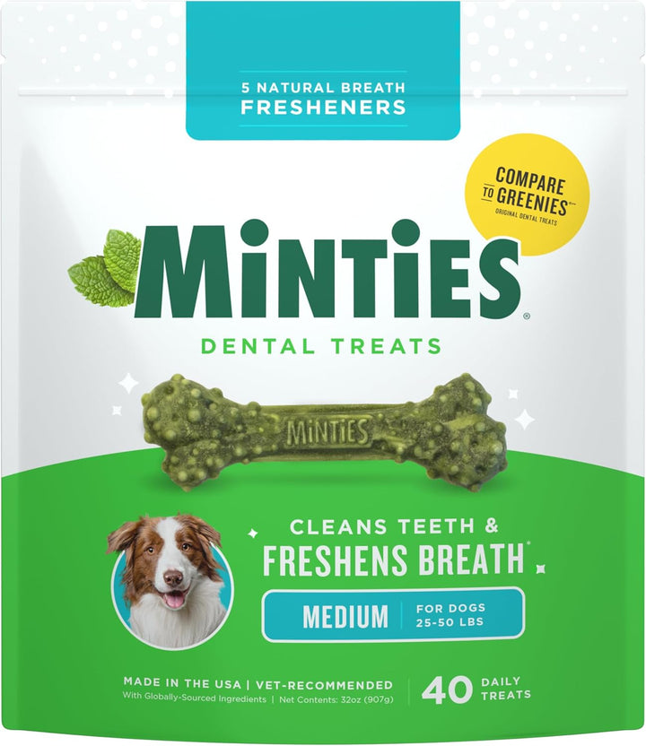Dental Chews for Dogs, 60 Count, Vet-Recommended Mint-Flavored Treats for Medium Dogs 25-50 Lbs, Bones Clean Teeth, Fight Bad Breath, and Removes Plaque and Tartar