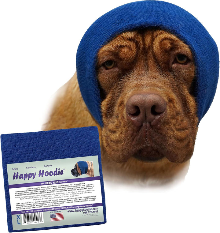 Happy Hoodie the Original Dog & Cat Calming Band - American Brand - Anxiety Relief/Noise Protection-Grooming-Thunder-Fireworks (Large, Blue) - since 2008