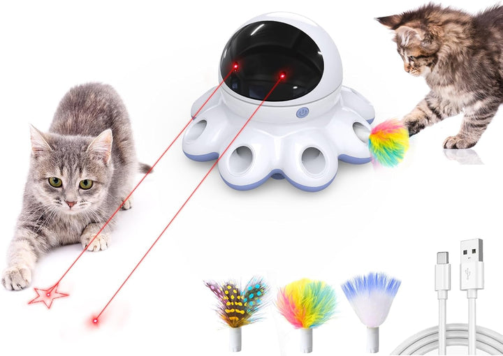 Cat Laser Toy, 2-In-1 Interactive Automatic Motion Activated Moving 8 Holes Whack a Mole Feather, USB Rechargeable Electronic Smart Sensor Kitten Toys for Indoor Exercise