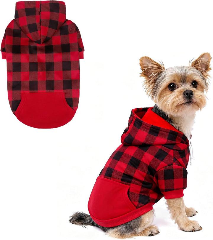 Plaid Dog Hoodie Pet Clothes Sweater with Hat and Pocket for Small Medium Large Size Dogs, Soft Winter Warm Dog Cold Weather Coat, Fleece Fall Dog Hooded Sweatshirt for Puppy Cats, Red XL