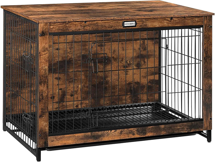 Dog Crate Furniture, 38.6" Large Dog Kennel Indoor, Wooden Cage with Pull-Out Tray, Double Doors Pet House Side End Table for Large/Medium/Small Dogs, Rustic Brown BF982GW03G1