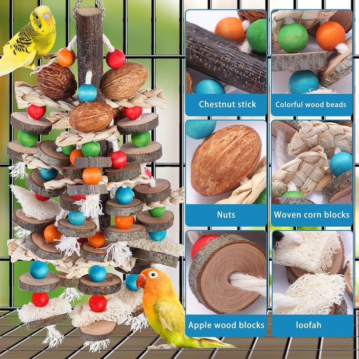 Large Parrot Toys Bird Chewing Toys-Natural Nuts Corn Loofah Wooden Bird Cage Toy for African Grey,Macaws,Conure,Cokatoos,Cockatiel,Amazon Parrots and Other Medium and Small Birds