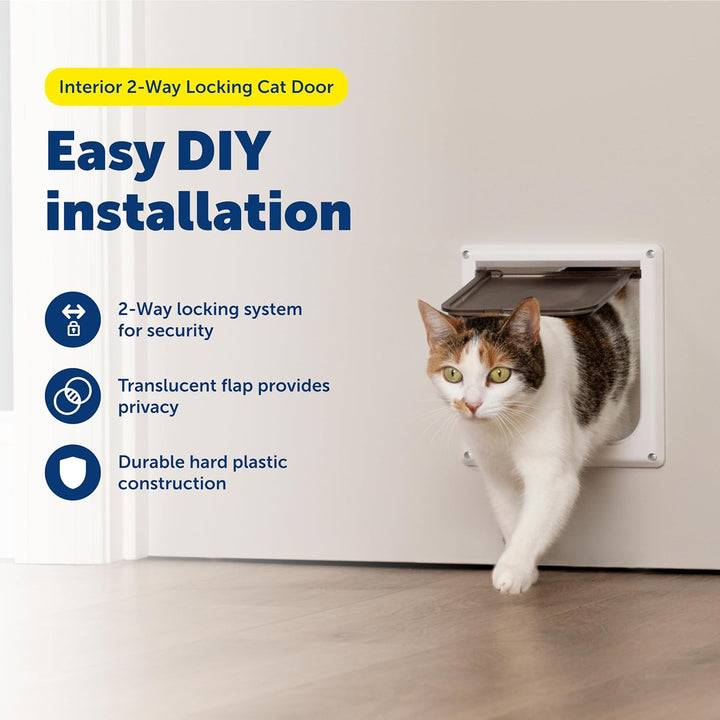 Interior 2-Way Locking Cat Door - Allows Convenient Movement between Rooms & Minimizes Scratching - Tinted Durable Plastic Privacy Door for Feeder & Litter Box
