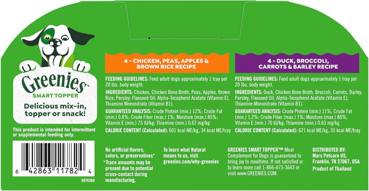 Smart Topper High Protein Wet Mix-In for Dogs, Chicken, Peas, Apples, and Brown Rice Recipe & Duck, Broccoli, Carrots and Barley Recipe Variety Pack with Whole Grains, 8 Trays of 2Oz.