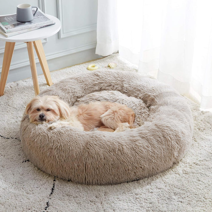 Calming Soft round Dog & Cat Bed, Anti-Anxiety Donut Cuddler Warming Cozy Fluffy Faux Fur Plush Cushion Bed for Small Medium Dogs and Cats (20"/24"/27"/30"), Light Grey