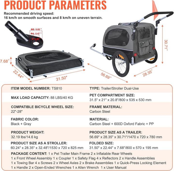 Dog Bike Trailer, Supports up to 66/88/100 Lbs, 2-In-1 Pet Stroller Cart Bicycle Carrier, Easy Folding Cart Frame with Quick Release Wheels, Universal Bicycle Coupler, Reflectors, Flag