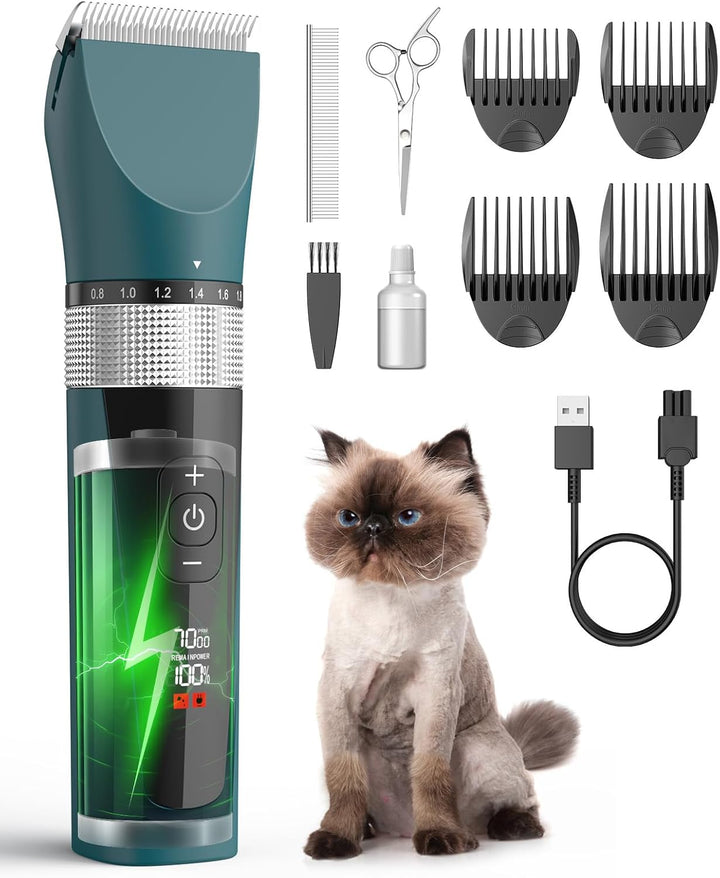 Cat Clippers for Matted Hair, 5-Speed Quiet Cat Grooming Kit, Cordless Pet Shaver for Long Hair,Waterproof Pet Hair Trimmer, Pet Clippers for Cats(Green)