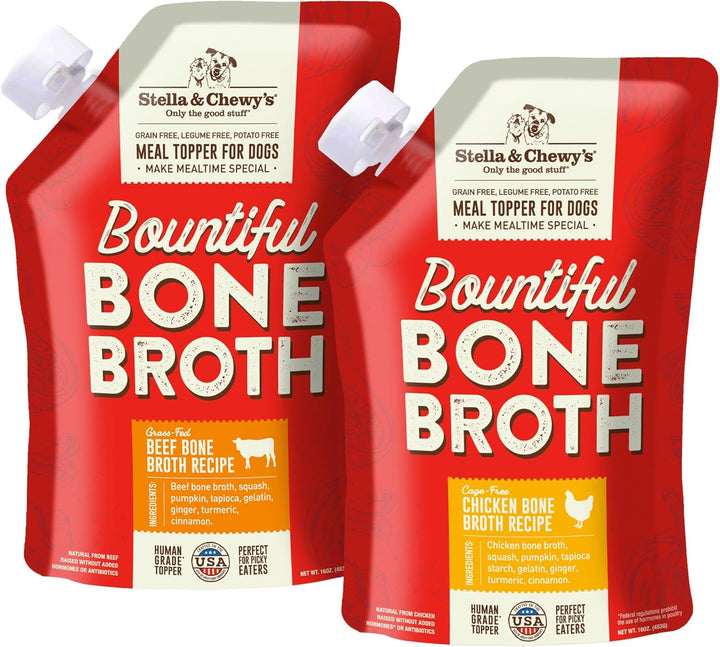 Human-Grade Grass-Fed Beef Bone Broth for Dogs - Joint & Gut Health Liquid Food Topper with Collagen & Turmeric, 16 Fl Oz Resealable Pouch