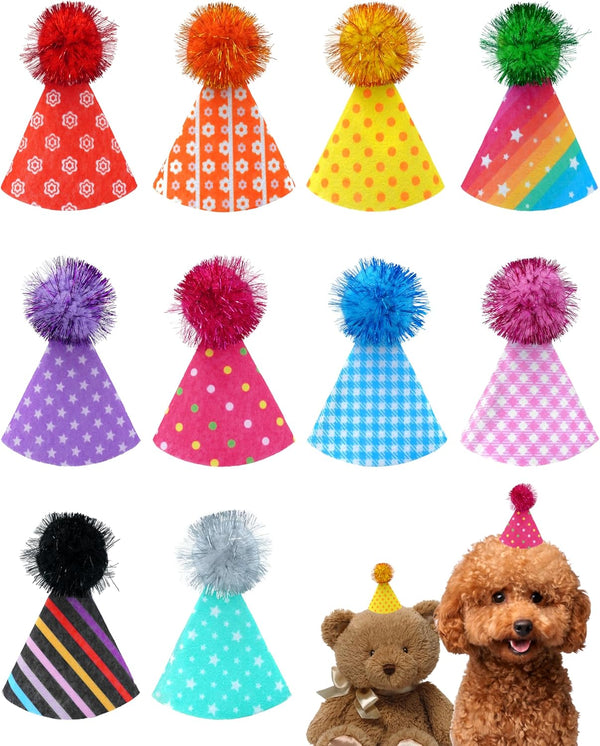 10 Pack Mini Party Hats for Small Dog Birthday Stuffed Animals Dolls Puppy Cats Adjustable Headband Colorful Holiday Felt Hats Kitten Pet Grooming Costume Accessories