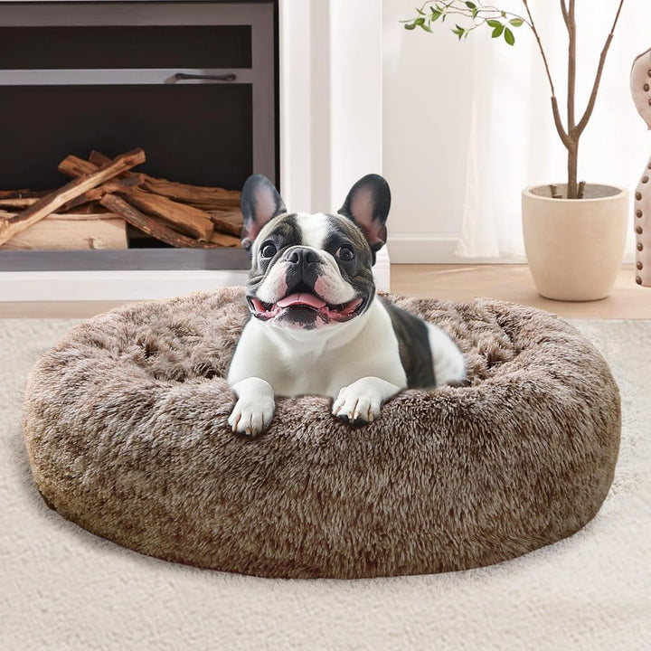 Small Dog & Cat Beds for Indoor Cats, Donut Cuddler Warming Soft Dog Beds with Anti-Slip Bottom, round Calming Fluffy Plush Faux Fur Cushion Bed for Small Medium Dogs (20", Smoke Grey)