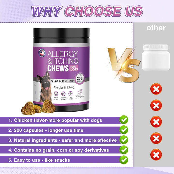 Dog Allergy Chews 200Pcs - Dog Allergy and Itching Skin Relief anti Itch Aller Immune Bites for Dogs Itching Licking Paws Treatment Relief Itchy Chew Probiotics Vitamins for Skin and Coat Allergies