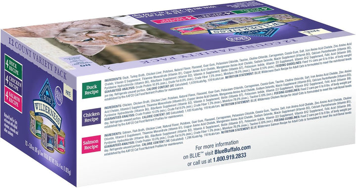 Wilderness High Protein, Natural Adult Pate Wet Cat Food Variety Pack, Chicken, Salmon, Duck 3-Oz Cans (12 Count- 4 of Each Flavor)