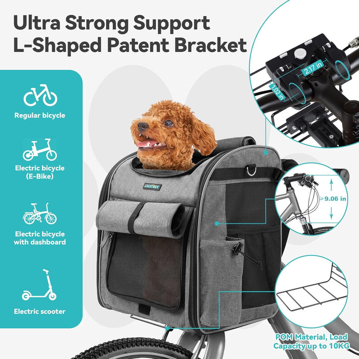 Foldable Front Bike Basket for Dogs, 4-In-1 Pet Carrier Backpack/Shoulder Bag/Car Seat with Heavy-Duty L-Shaped Mount Φ2.17 Inch, Waterproof Cushion & Reflective Strips, Supports up to 22Lbs