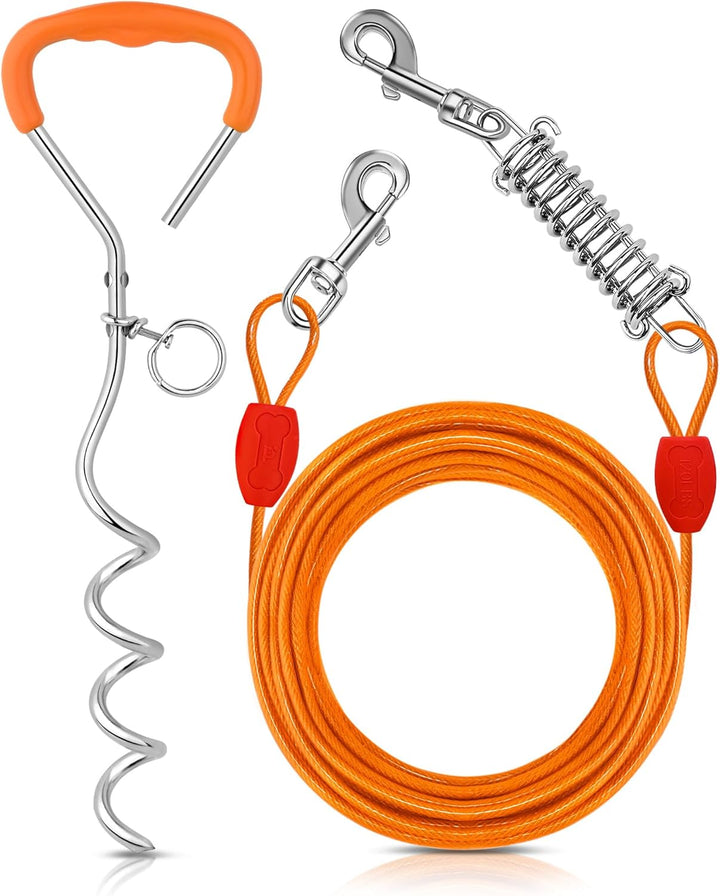 Dog Tie-Out Cable and Stake - 30Ft Heavy Duty Cable with Spring, No Tangle, 16In Ground Stake, Ideal for Yard, Camping and Beach, Suitable for Small Medium Large Dogs up to 120 Lbs, Blue