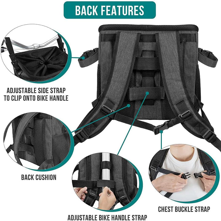 Dog Bike Basket, Soft-Sided Ventilated Dog Bike Carrier Backpack, Pet Bicycle Basket for Bike Handlebar, Small Medium Puppy Cat Kitten Car Booster Seat with Safety Strap, Max 18 Lbs, Dark Gray