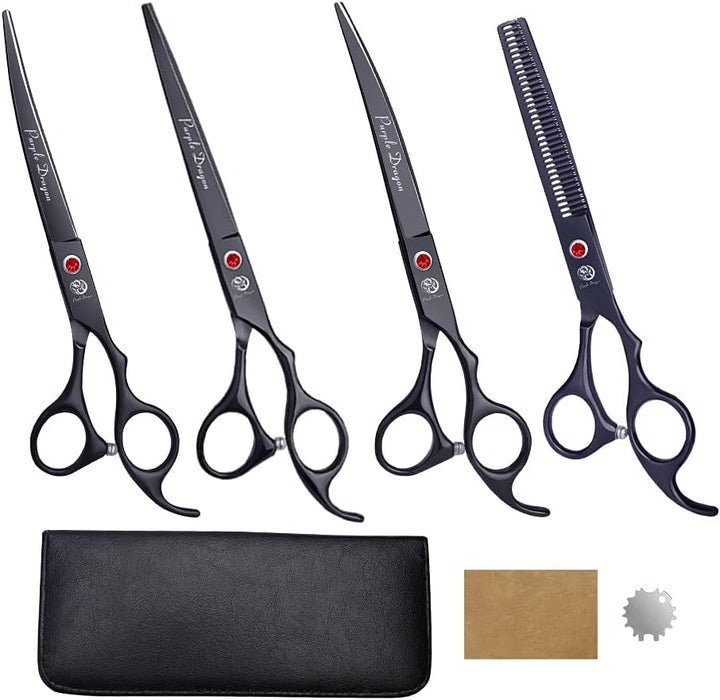 Professional 7.0 Inch 4PCS Pet Grooming Scissors Kit Japan Premium Steel Straight & Curved & Thinning Blade Dog Hair Cutting Shears Set with Case