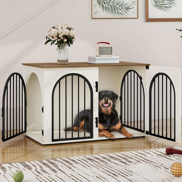 31.5'' Wooden Dog Crate Furniture, Indoor Dog Kennel Dogs Cage for Small/Medium Dogs, Heavy Duty Dog Crates Decorative Pet House End Side Table TV Stand, White Brown DFC85114B