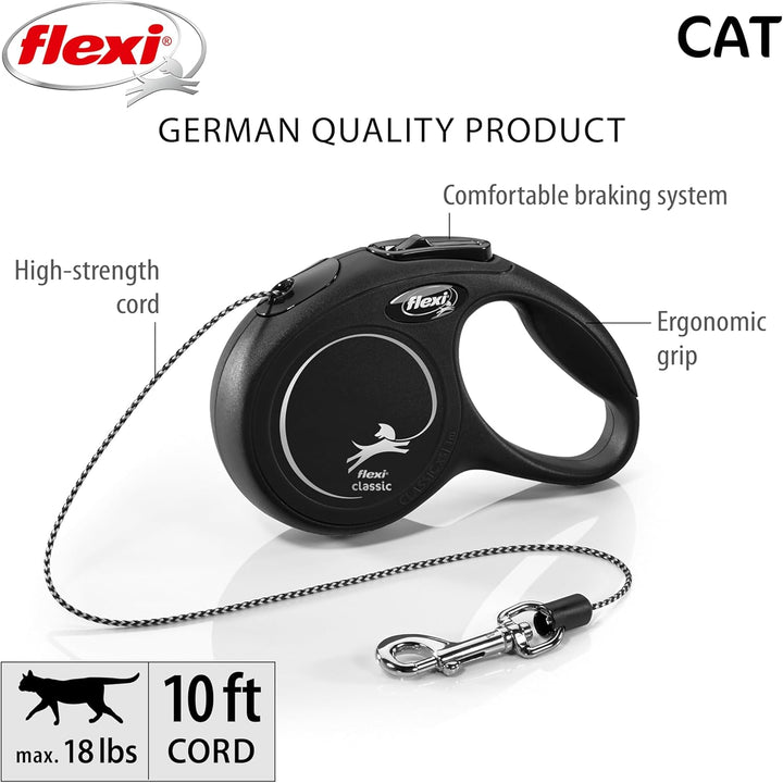 New Classic Cord Retractable Cat Leash - X-Small – 10 Ft., Black | Tangle-Free Pet Walking Leash with One-Handed Brake, Pause, Lock | German Quality Product