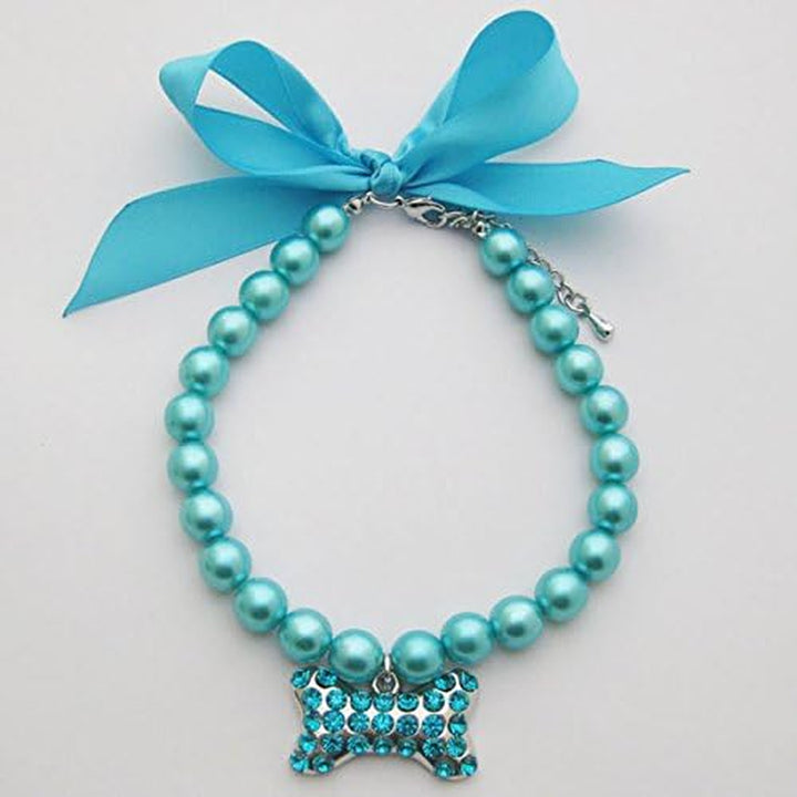 Fancy Pearls Crystal Dog Necklace Jewelry with Bling Rhinestones Big Bone Charm for Pets Cats Small Dogs Girl Teacup Chihuahua Yorkie Clothes Costume Outfits (Pink, 8 to 10-Inch)