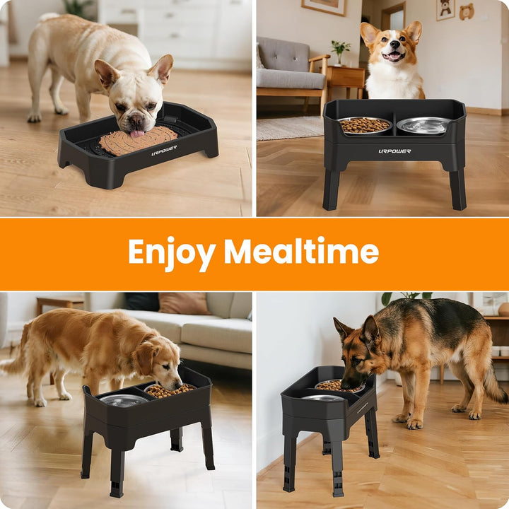 3-In-1 Elevated Dog Bowls - Mess Proof Double Deck 4 Height Adjustable Raised Stand with 2 Stainless Steel Food Bowls & Licking Plate for Small, Medium & Large Dogs