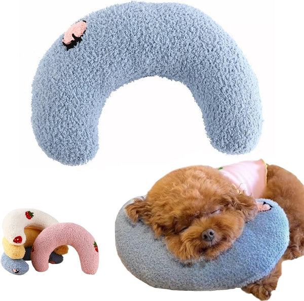 U-Shaped Calming Pillow for Cats and Dogs - Super Soft Plush Fabric, Cozy Headrest, Neck Support for Deep Sleep, Kitten Headrest, Pet Bed (Blue)