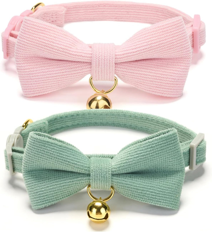 2 Pack Soft Corduroy Cat Collars with Bow Tie & Bell, Adjustable Breakaway Cotton Kitty Bowtie Collar for Girl Boy Kitten (Orange & Green)