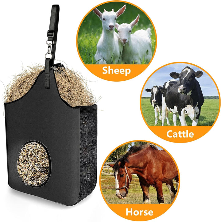 Hay Bag Hanging Goat Feeder Tote Premium Oxford Cloth with Metal Ring and Adjustable Strap for Horses Donkeys Cows Alpacas Ostriches or Other Animals Black