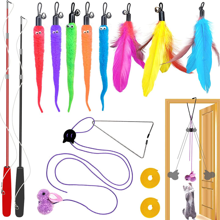 Cat Toys Interactive for Indoor Cats,2Pcs Retractable Cat Wand,9Pcs Teaser Toys&1Pcs Hanging Door Lure Kitten Toy,Interactive Feather Toy for Teaser Play and Chase Exercise with Kitten