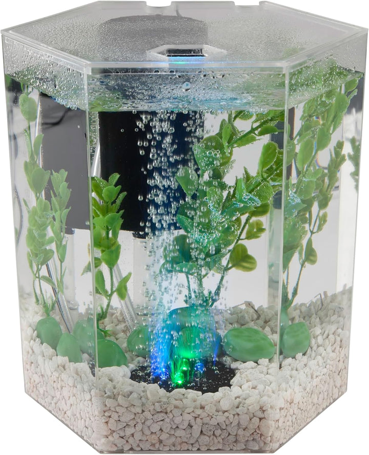 Bubbling LED Aquarium Kit 1 Gallon, Hexagon Shape, with Color-Changing Light Disc