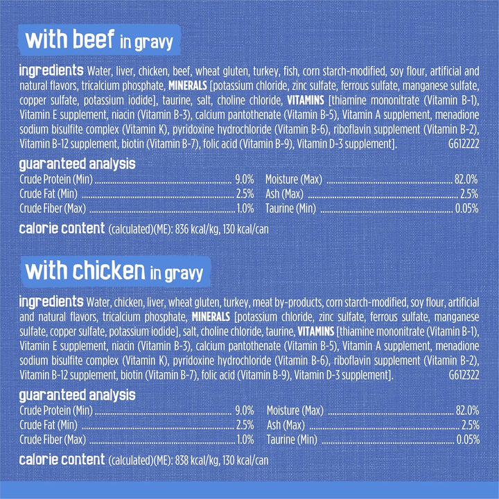 Purina  Gravy Wet Cat Food Variety Pack, Shreds with Beef, with Chicken, and Turkey and Cheese Dinner - (Pack of 24) 5.5 Oz. Cans