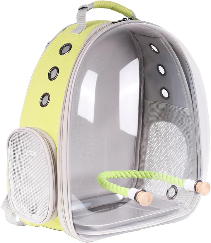 Bird Traval Carrier Cage, Clear Space Capsule Astronaut Backpack to Carry Parakeet Cockatiel Parrot with Metal Tray Wood Perch, Vet Transport School Bag