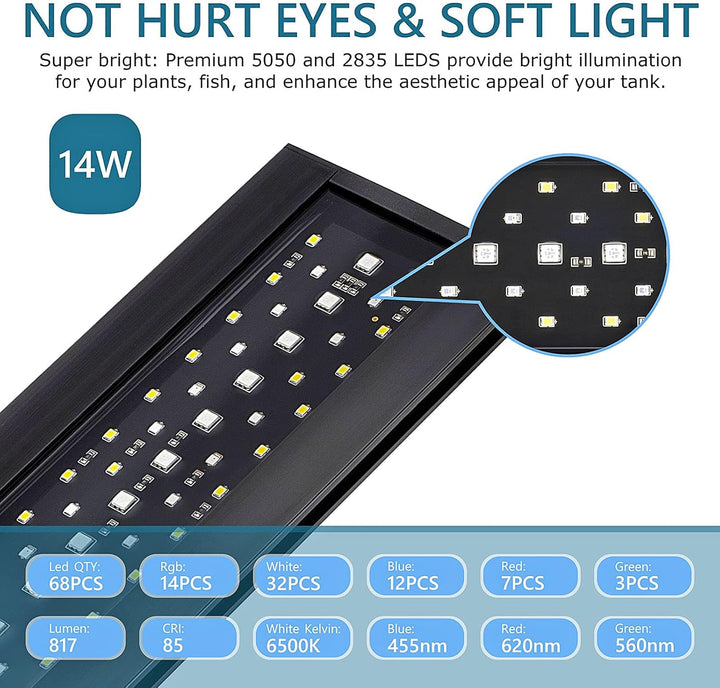 Clip on 24/7 Lighting Aquarium LED Light,Sunrise-Daylight-Moonlight and DIY Mode, Adjustable Timer/Brightness Fish Tank Light with 7 Colors for Planted Tank (14W for 12~20In Tank)