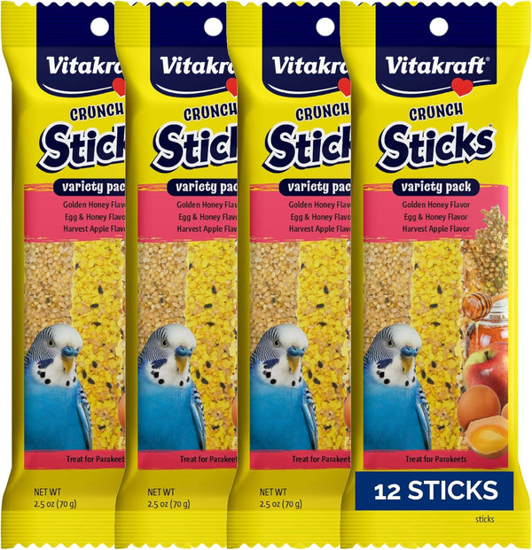 Crunch Sticks Parakeet Treat - Triple-Baked Millet Parakeet Treats with Natural Wood Center - Crunchy & Nutritious Bird Treat Sticks for Small Animals (12 Count, Honey, Egg, and Apple)