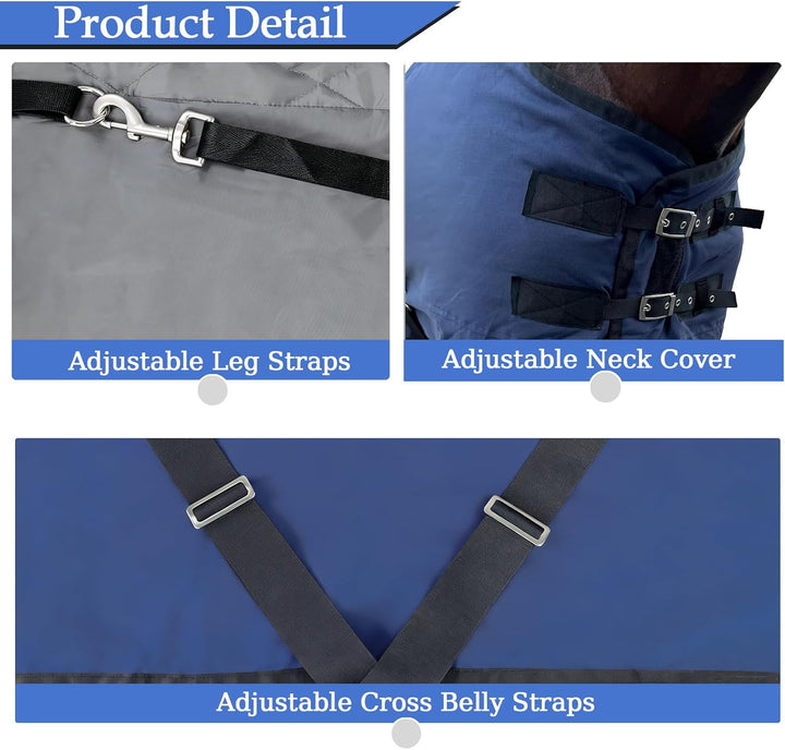 Horse Blankets Winter for Real Horses, 1200D Waterproof Poly Rain Sheets with Neck Cover Belly Wrap Tail Wrap Turnout Blanket, Horses Stuff Care Medium Large Weight Heavy Outdoor Clothes Blue 75 Inch