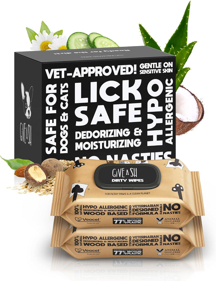 Lick-Safe Pet Wipes for Dogs & Cats - Vet-Approved & Hypoallergenic - Cleans Mud, Odors & Dander - Feline & Dog Wipes for Paws, Face & Butt - Earth-Friendly & Unscented Cat Cleaning - Pack of 100