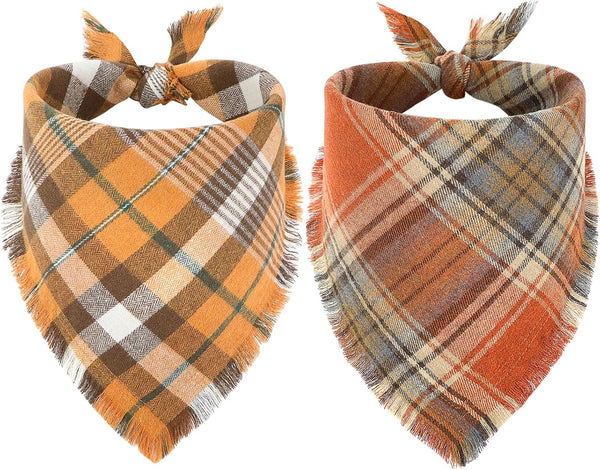 Halloween Dog Bandana, 2 Pack Fall Thanksgiving Classic Plaid Dog Scarf with Tassels Edges, Funny Pet Apparel & Accessories Costume for Photo Prop, and Party Decor (Large, Yellow&Orange)