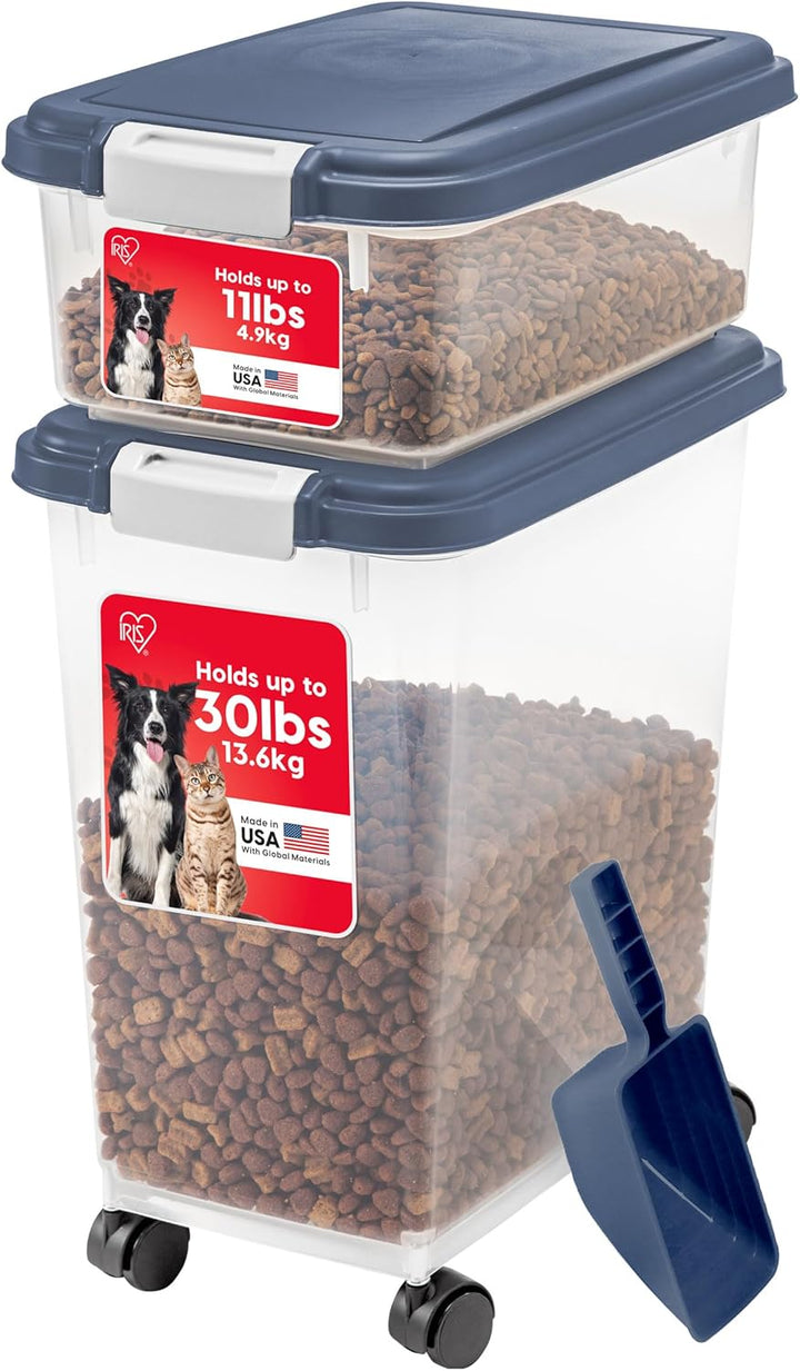 IRIS USA Dog Food Storage Container, 30 Lbs & 11 Lbs Combo, Cat Food Storage Container, Dog Treat Container, Airtight, Stackable, 2-Cup Scoop, Wheels, Easy Mobility, Black