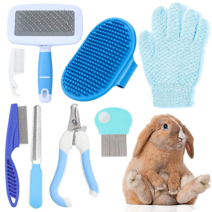 Pink Small Animal Grooming Kit with Nail Clipper, Flea Comb, Shampoo Brush, Slicker Brush, Massage Glove for Rabbits