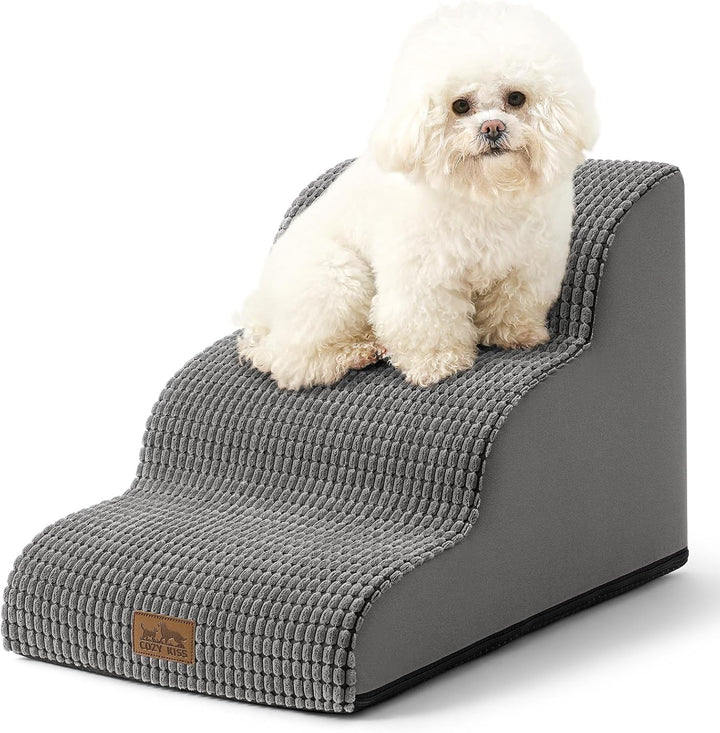 Dog Stairs for Small Dogs 15.7" H, Curved Dog Step for Puppy, Older Cat, Medium Pet Ramp for Sofa, Couch or Chair, Ladder with High Density Foam, 15.7X22.4X15.7 Inch, 3 Step, Beige