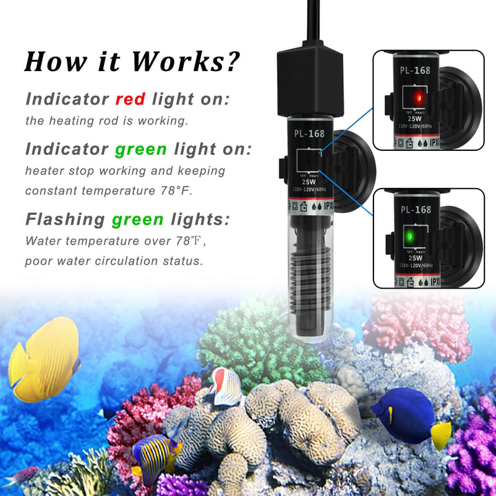 25W Small Aquarium Submersible Betta Heater with Free Thermometer Strip, under 6 Gallon Fish Tanks (Preset Temperature 78℉)