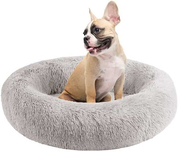 Donut Dog Bed Faux Fur Fluffy Calming Sofa for Medium Dogs, Soft & Plush anti Anxiety Pet Couch for Dogs, Machine Washable Coco Pet Bed with Non-Slip Bottom, 30"X30"X7" Ivory