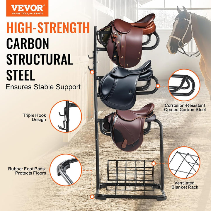 Freestanding Saddle Stand, 30 X 30 X 68.5 In, 3 Tiers Saddle Rack, Heavy Duty Saddle Blanket Holder with Removable & Rotating Tiers, English & Western Saddle Rack for Tack Room Organization