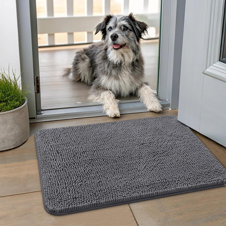 Dog Door Mat for Muddy Paws 30X20, Absorbs Moisture and Dirt Doormat, Non-Slip Washable Quick Dry Chenille Front Door Mat Indoor Entrance, Entryway Carpet for inside Floor, Grey