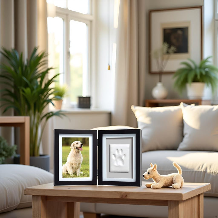 Pet Paw Print Photo Frame with Clay Imprint Kit - Wooden Pet Paw Print Frame, DIY Memorial Keepsake for Cats and Dogs, No Mess Clay for Perfect Pawprints, Ideal Home Decor and Gift, Black