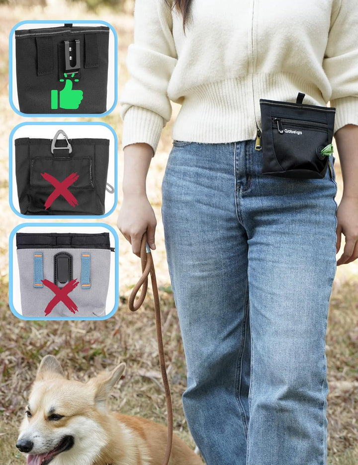 Dog Treat Pouch and Training Clicker, Upgrade Two Magnetic Closure to Prevent Spills, 2 Cup Treat Bag with Poop Bag Dispenser, Metal Clip Waist Belt Fanny Pack for Pet Walk (Black)