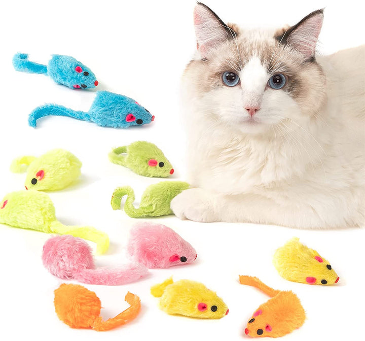 12PCS Rattle Cat Mouse Toys Also Prefilled Catnip, 2.36” Mice Body Size, Faux Fur Cat Mice Toys with Plastic Body, Interactive Catnip Toys for Indoor Cats Play Fetch