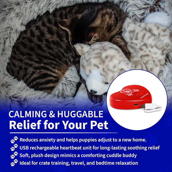Stuffed Animal for Cats - Calming Sleep Aid with USB Rechargeable Heart Beat & Heat Pack for Anxiety Relief - Huggable Kitty Soother, Original Cuddle Plush Toy for Crate Training