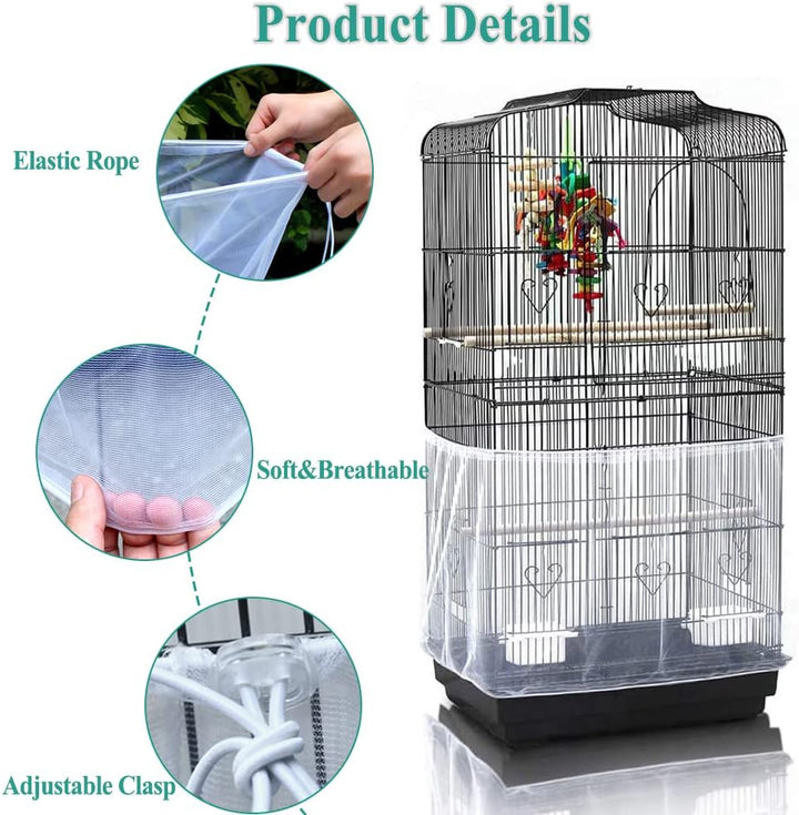 Bird Cage Seed Cather,Universal Adjustable Birdcage Cover Skirt Nylon Mesh Netting Parrot Parakeet Macaw African round Square Cages Cover